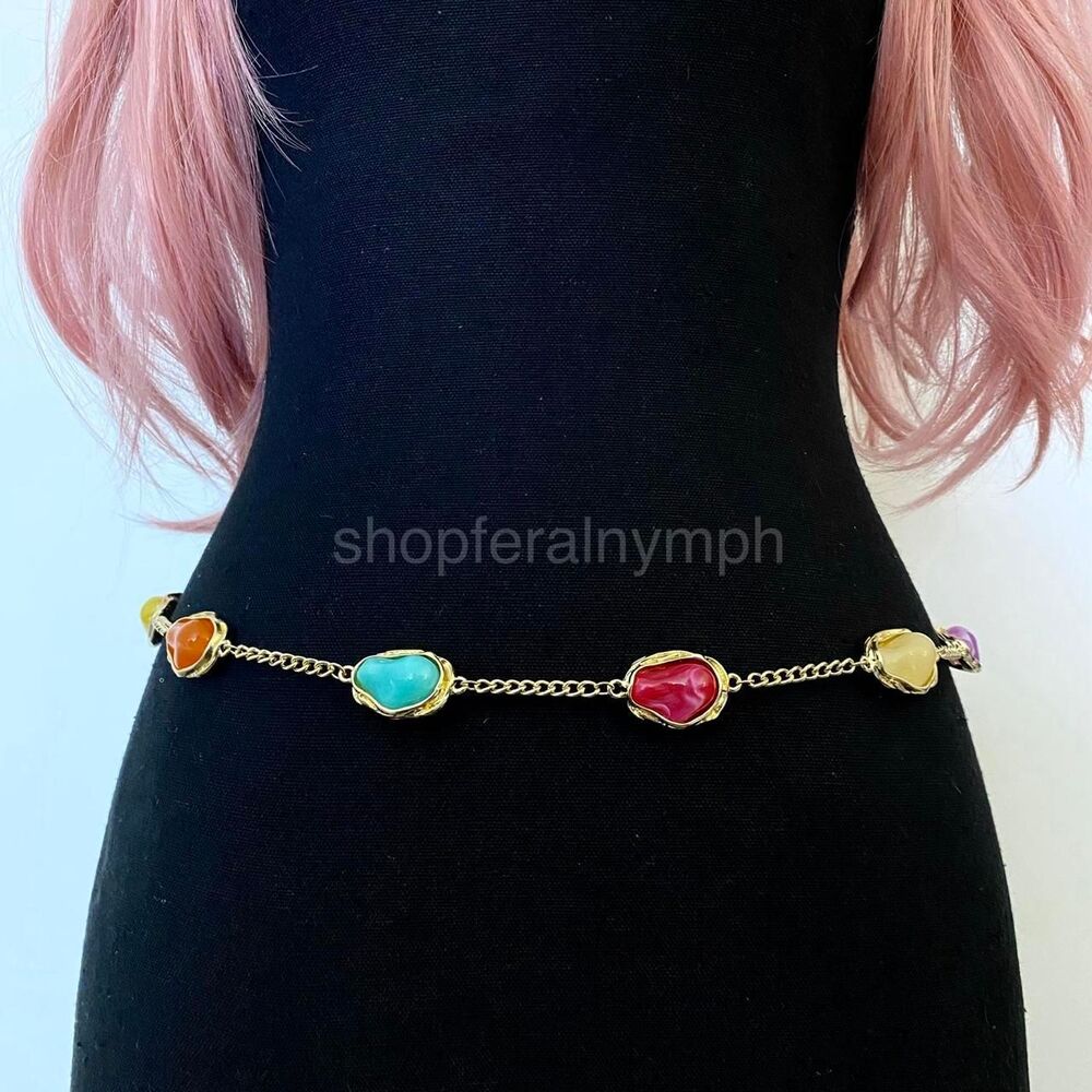 Gold Y2K Multicolor Pebble Stone Waist Chain Belt, Fits 23-29 Inches, X7GA1388